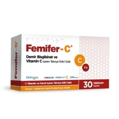 Orthogen Femifer-C Demir Bisglisinat ve Vitamin C İçeren Takviye Edici Gıda 30 Vejetaryen Kapsül - 1