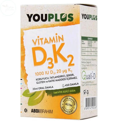 Youplus Vitamin D3K2 İçeren Takviye Edici Gıda 20 ml - 1